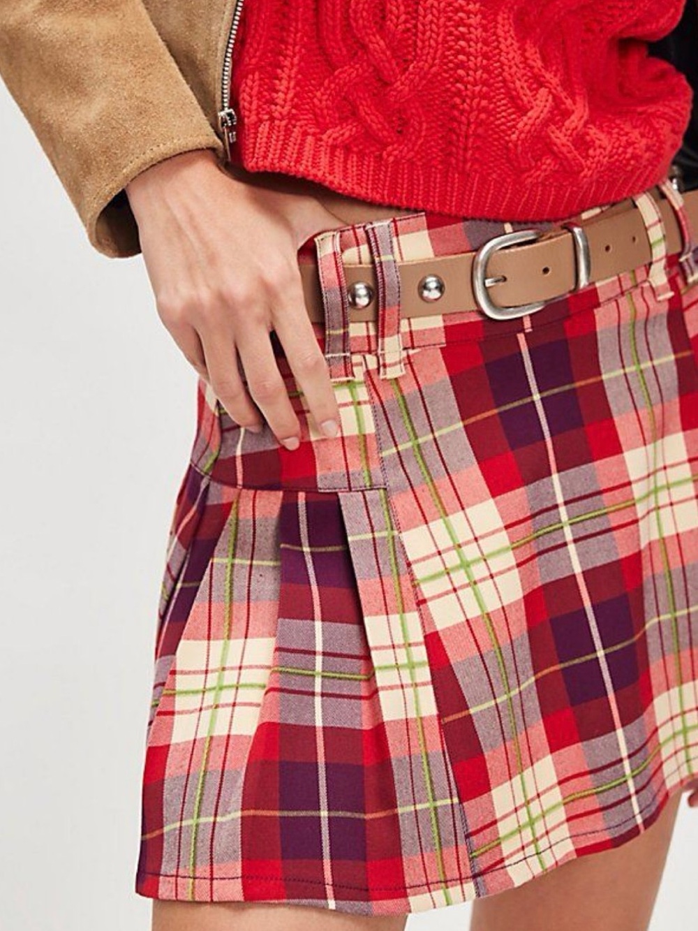 Free People "Midtown Cavalry" Pleated Plaid Skirt, Sz 6